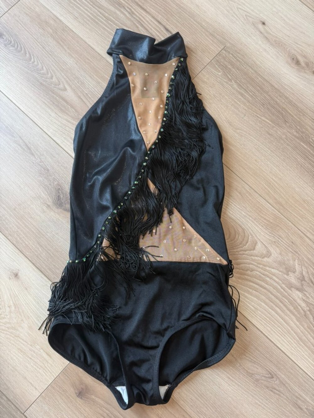 Black & Nude Illusion Fringe Jazz Tap Dance Competition Costume MEDIUM ADULT